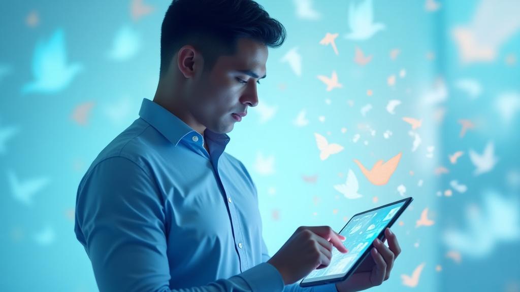Un designer che lavora su un tablet digitale, circondato da simboli astratti di uccelli che volano, a significare creatività e ispirazione.